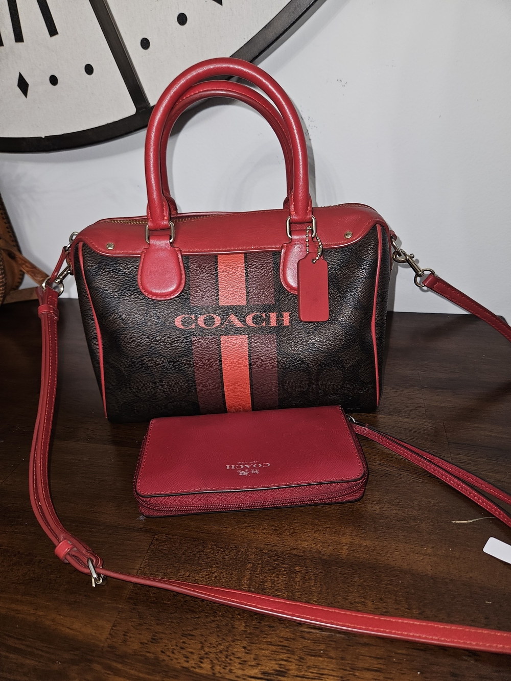 COACH Red Signature Stripe Satchel with Matching Wallet